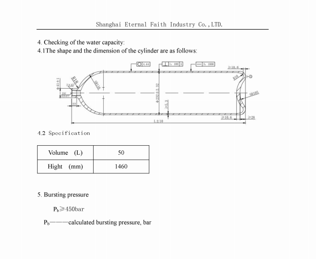 ISO98091 standard Nitrogen gas cylinder size chart φ232 50L 150Bar